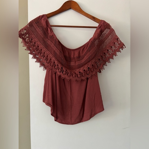 Socialite Lace Trimmed Off-Shoulder Blouse in Rust - Picture 1 of 7